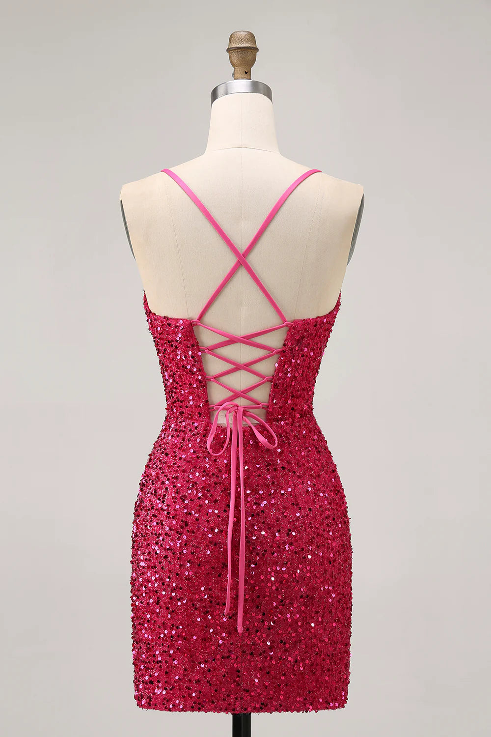 Sparkly Fuchsia Sequins Sweetheart Collar Cutout Spaghetti Straps Short Tight Homecoming Dress