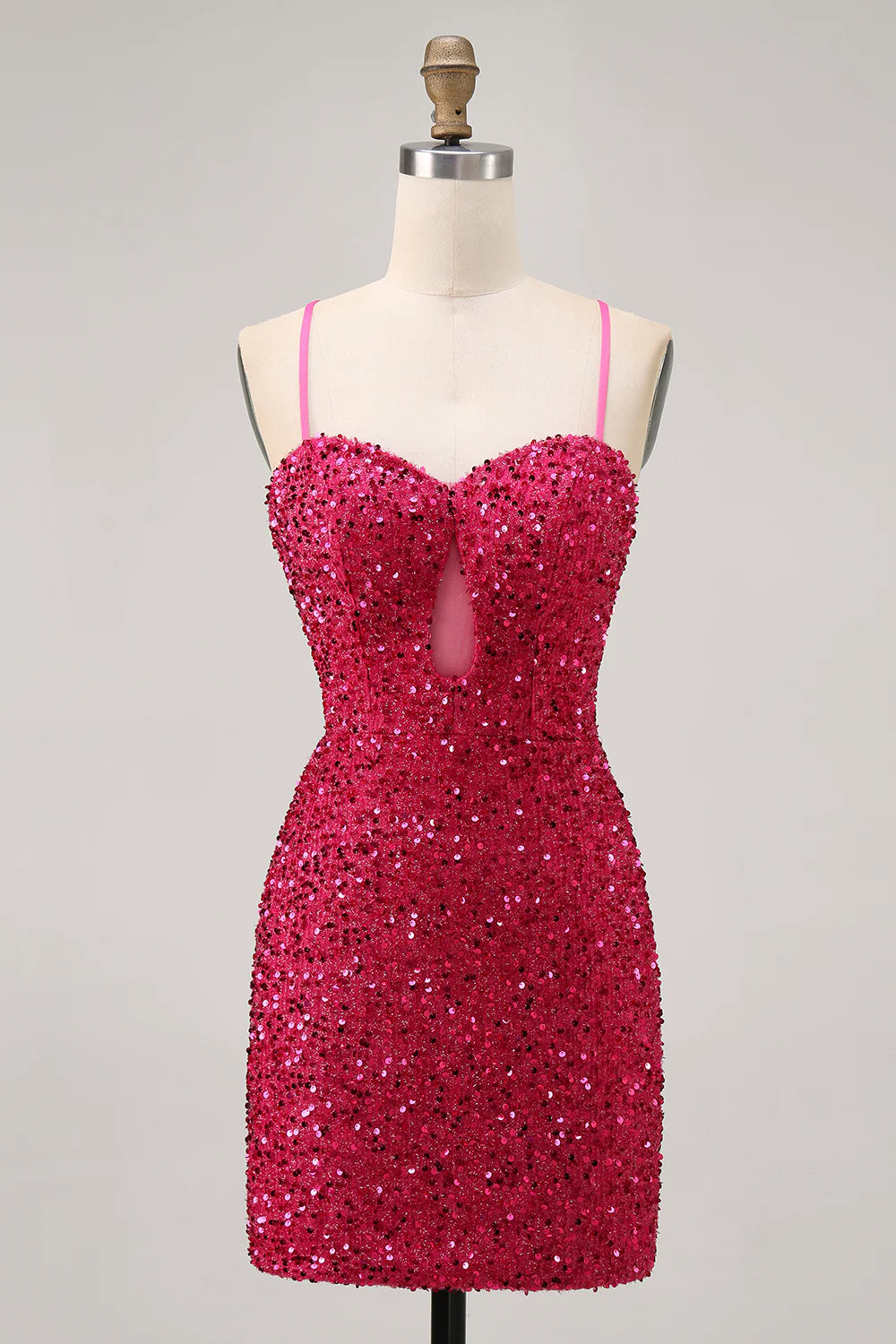 Sparkly Fuchsia Sequins Sweetheart Collar Cutout Spaghetti Straps Short Tight Homecoming Dress