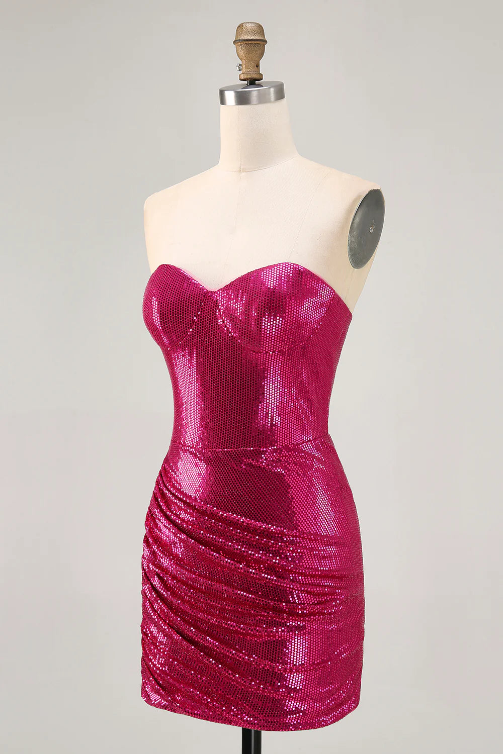 Sparkly Fuchsia Strapless Sweetheart Collar Ruched Bodycon Homecoming Dress With Sequins