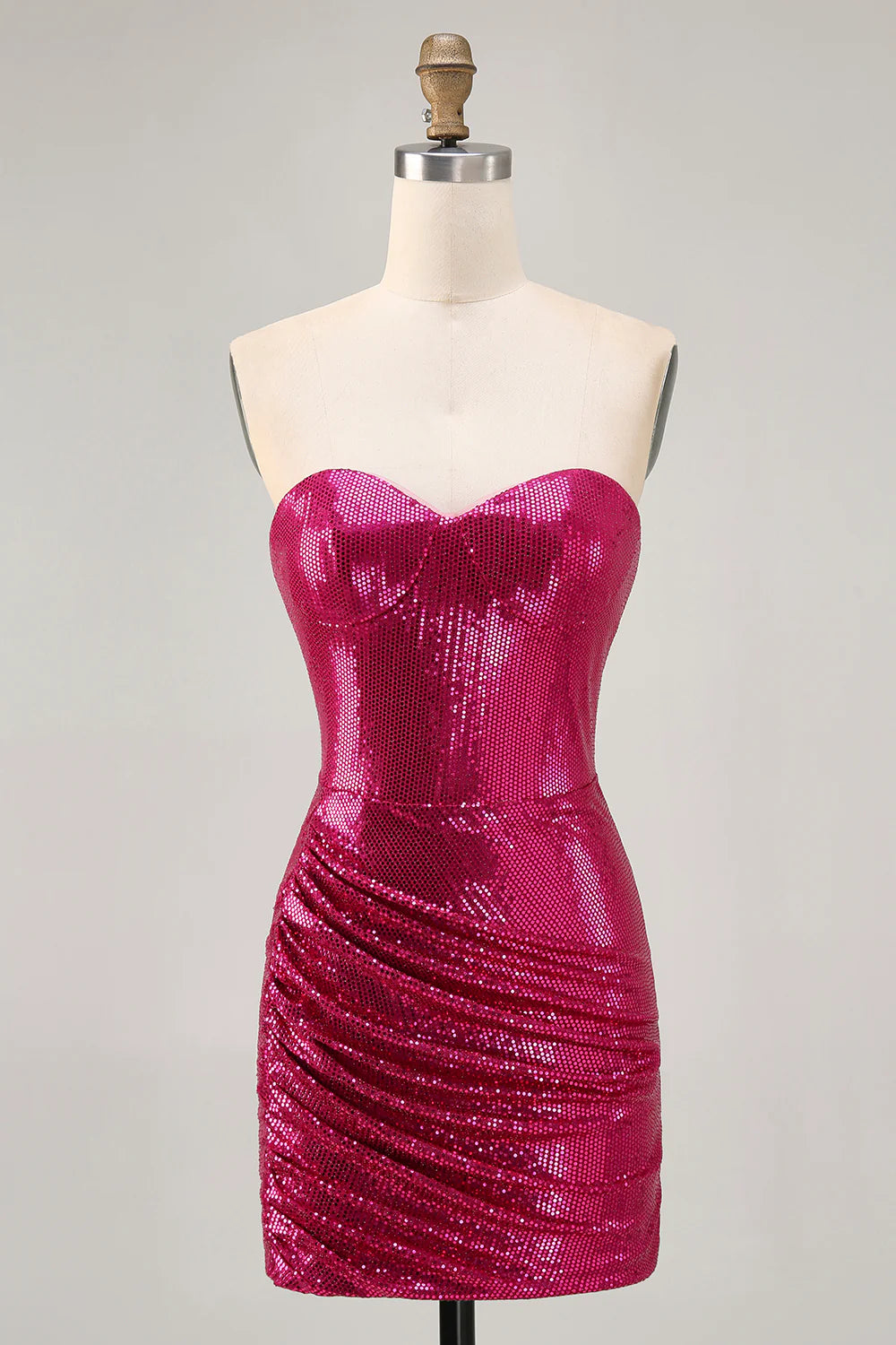 Sparkly Fuchsia Strapless Sweetheart Collar Ruched Bodycon Homecoming Dress With Sequins