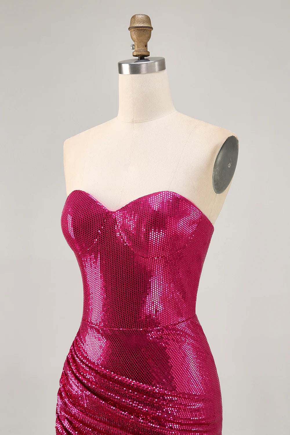 Sparkly Fuchsia Strapless Sweetheart Collar Ruched Bodycon Homecoming Dress With Sequins
