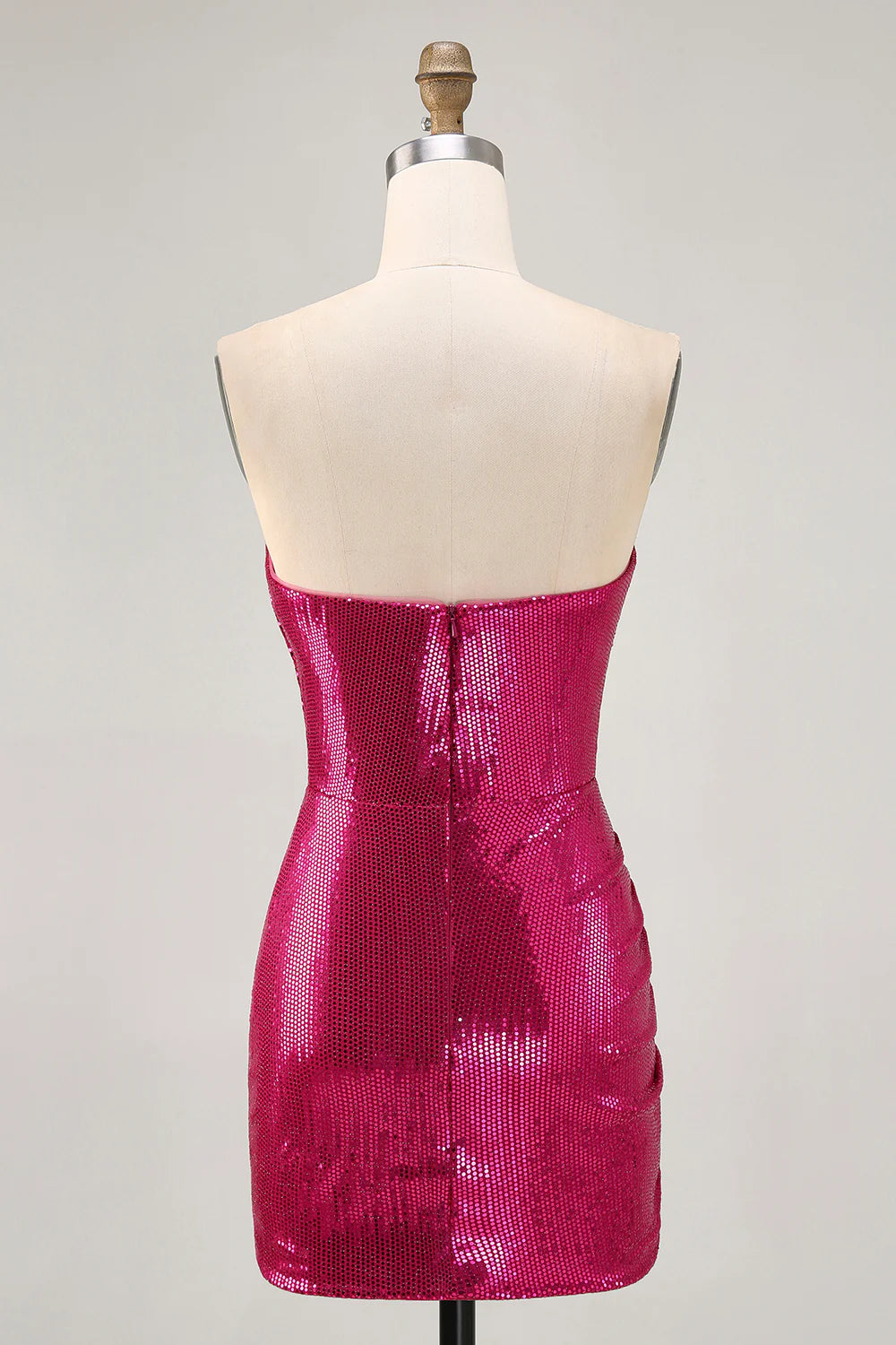 Sparkly Fuchsia Strapless Sweetheart Collar Ruched Bodycon Homecoming Dress With Sequins