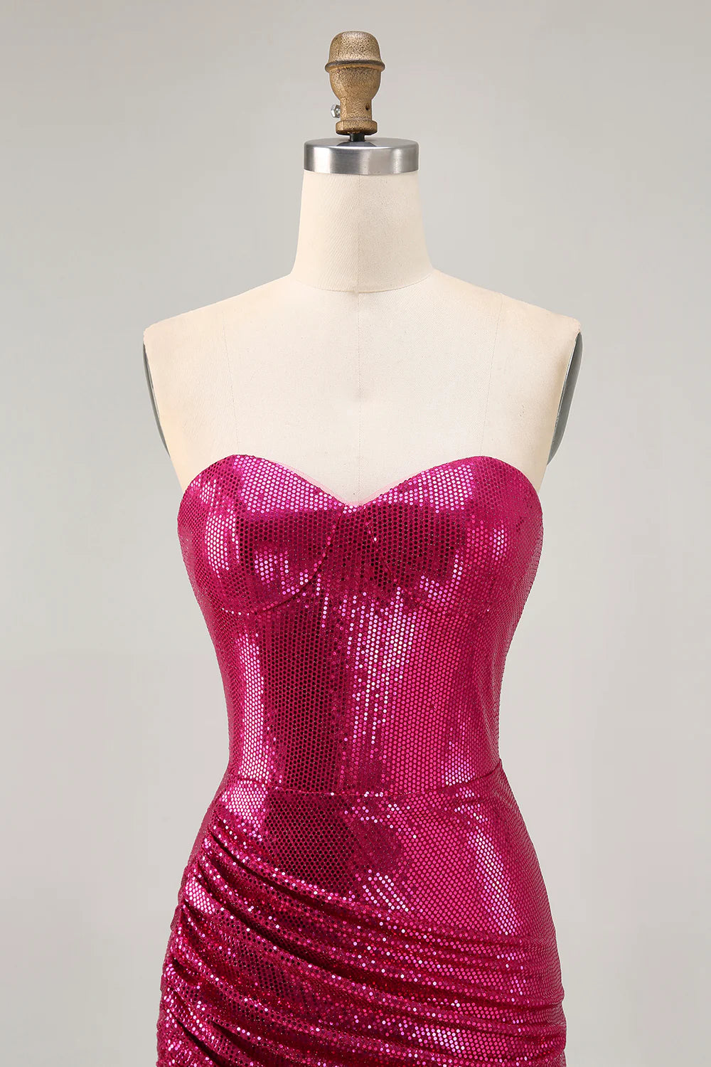 Sparkly Fuchsia Strapless Sweetheart Collar Ruched Bodycon Homecoming Dress With Sequins