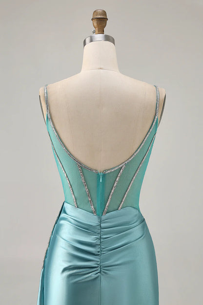 Sparkly Green Satin Bodycon Beaded V Neck Short Homecoming Party Dress With Streamer