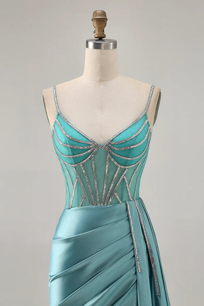 Sparkly Green Satin Bodycon Beaded V Neck Short Homecoming Party Dress With Streamer