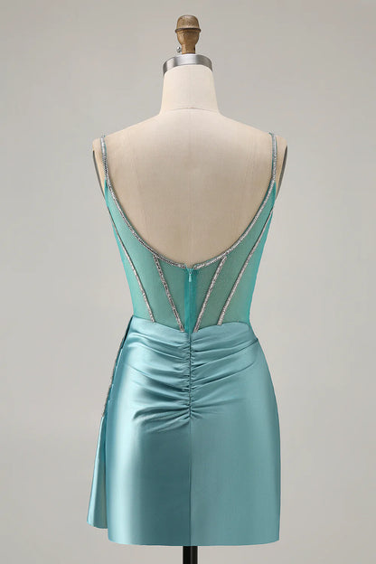 Sparkly Green Satin Bodycon Beaded V Neck Short Homecoming Party Dress With Streamer