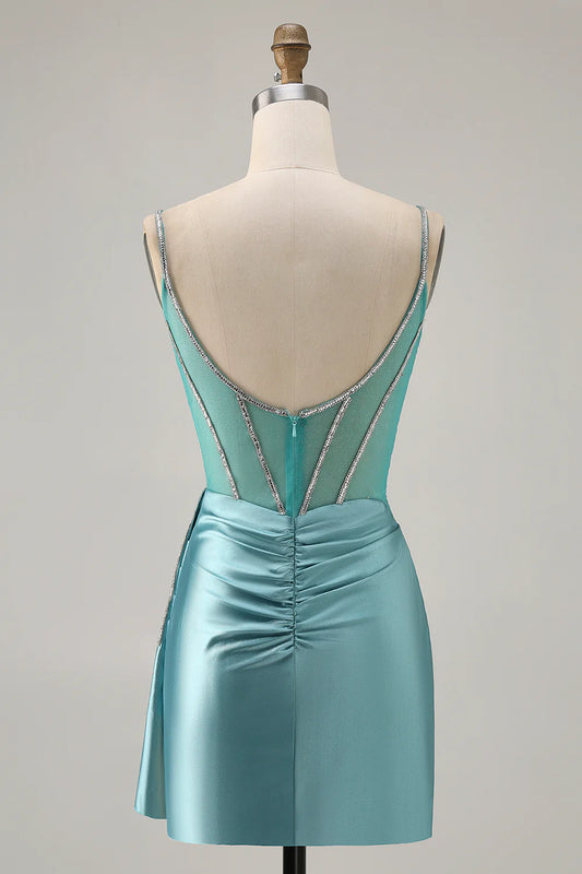 Sparkly Green Satin Bodycon Beaded V Neck Short Homecoming Party Dress With Streamer