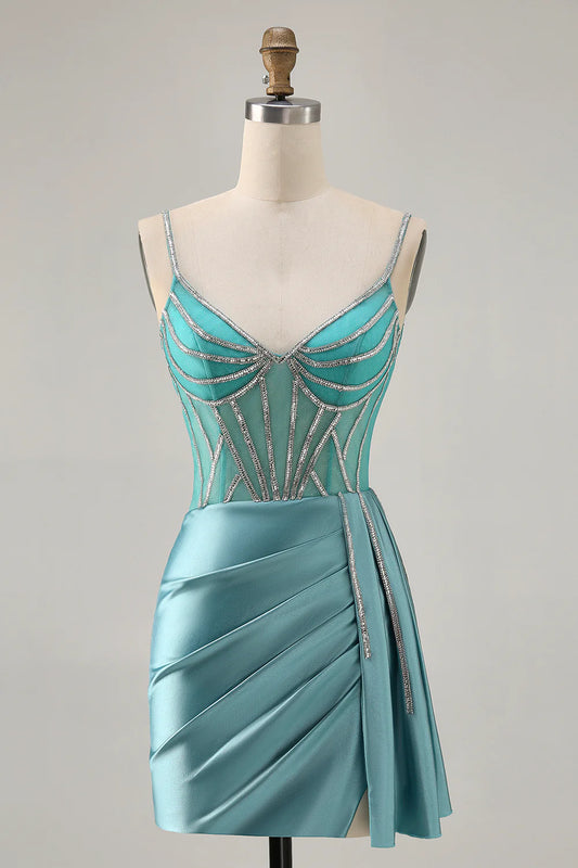 Sparkly Green Satin Bodycon Beaded V Neck Short Homecoming Party Dress With Streamer