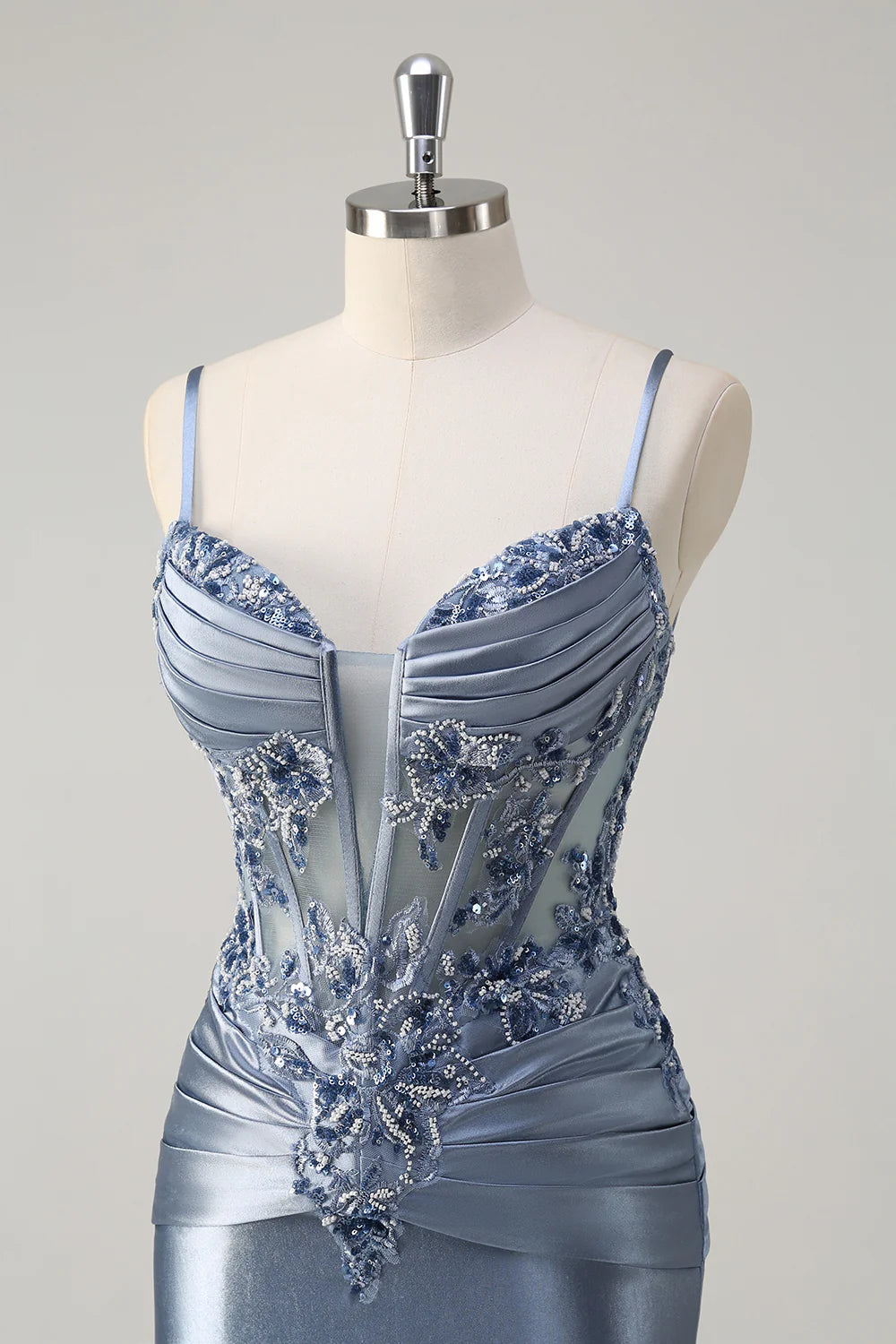 Sparkly Grey Blue Pleated Mermaid Spaghetti Straps Long Corset Prom Dress with Appliques