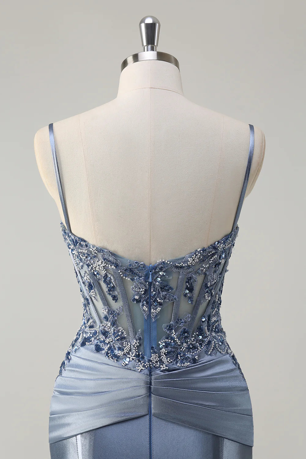Sparkly Grey Blue Pleated Mermaid Spaghetti Straps Long Corset Prom Dress with Appliques