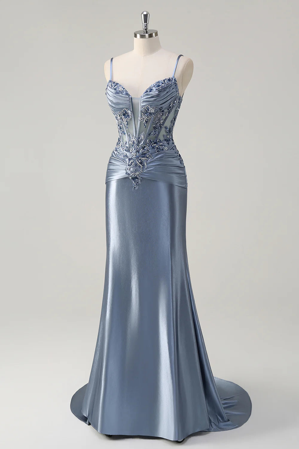 Sparkly Grey Blue Pleated Mermaid Spaghetti Straps Long Corset Prom Dress with Appliques