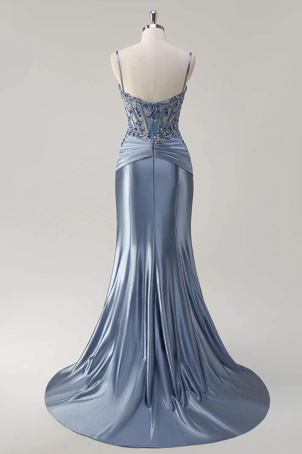 Sparkly Grey Blue Pleated Mermaid Spaghetti Straps Long Corset Prom Dress with Appliques
