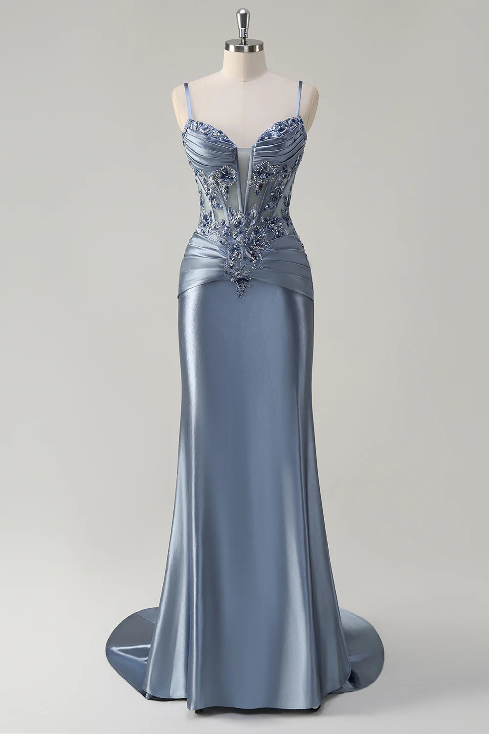 Sparkly Grey Blue Pleated Mermaid Spaghetti Straps Long Corset Prom Dress with Appliques