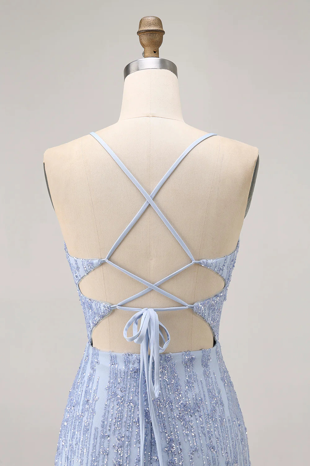 Sparkly Grey Blue Sequins Corset Spaghetti Straps Bodycon Lace-Up Short Homecoming Dress