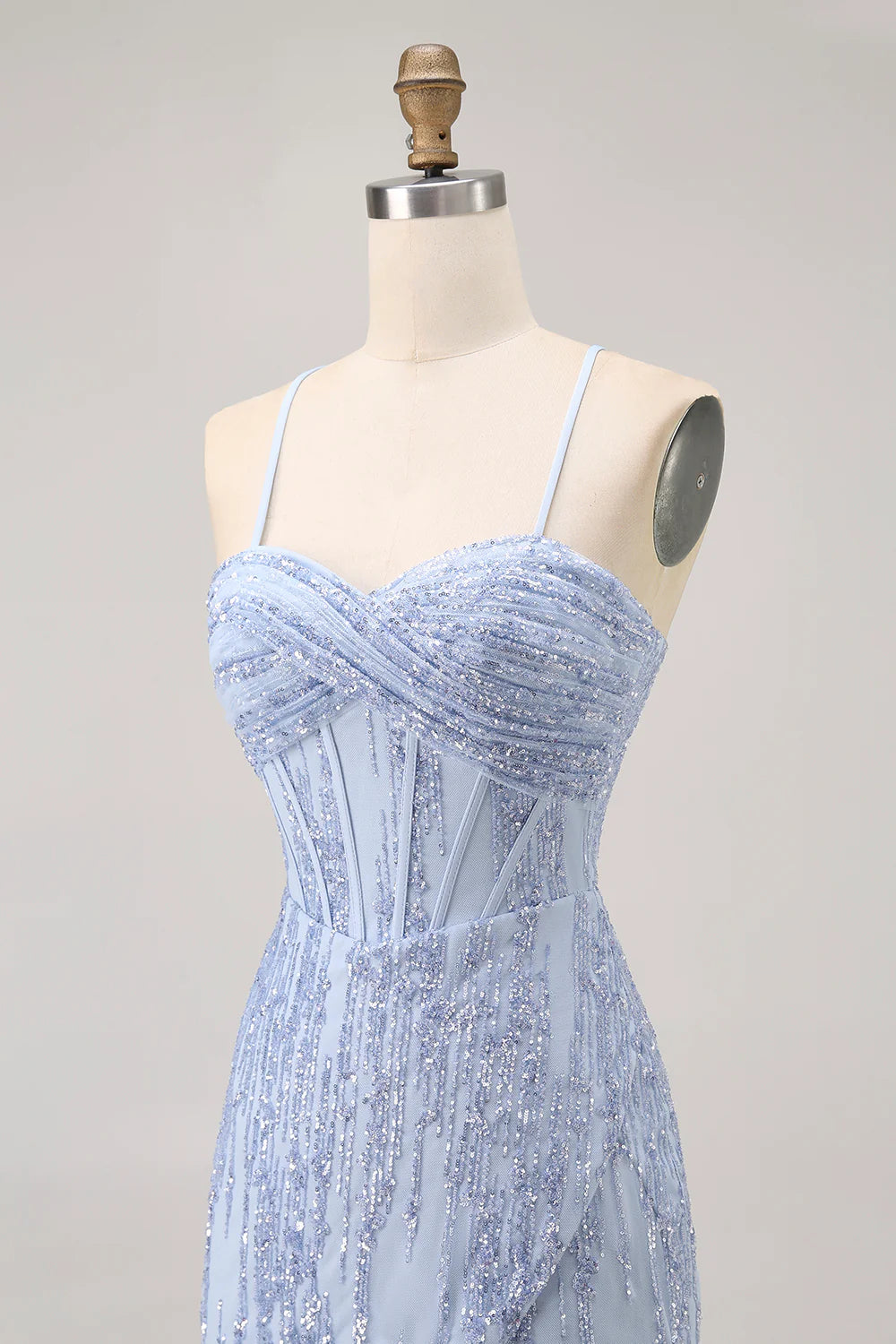 Sparkly Grey Blue Sequins Corset Spaghetti Straps Bodycon Lace-Up Short Homecoming Dress