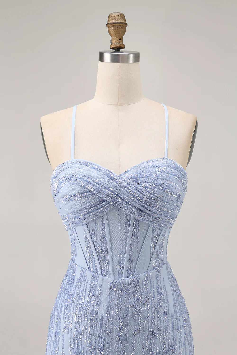 Sparkly Grey Blue Sequins Corset Spaghetti Straps Bodycon Lace-Up Short Homecoming Dress