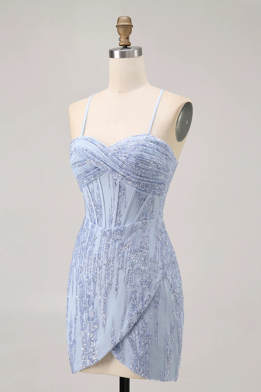 Sparkly Grey Blue Sequins Corset Spaghetti Straps Bodycon Lace-Up Short Homecoming Dress