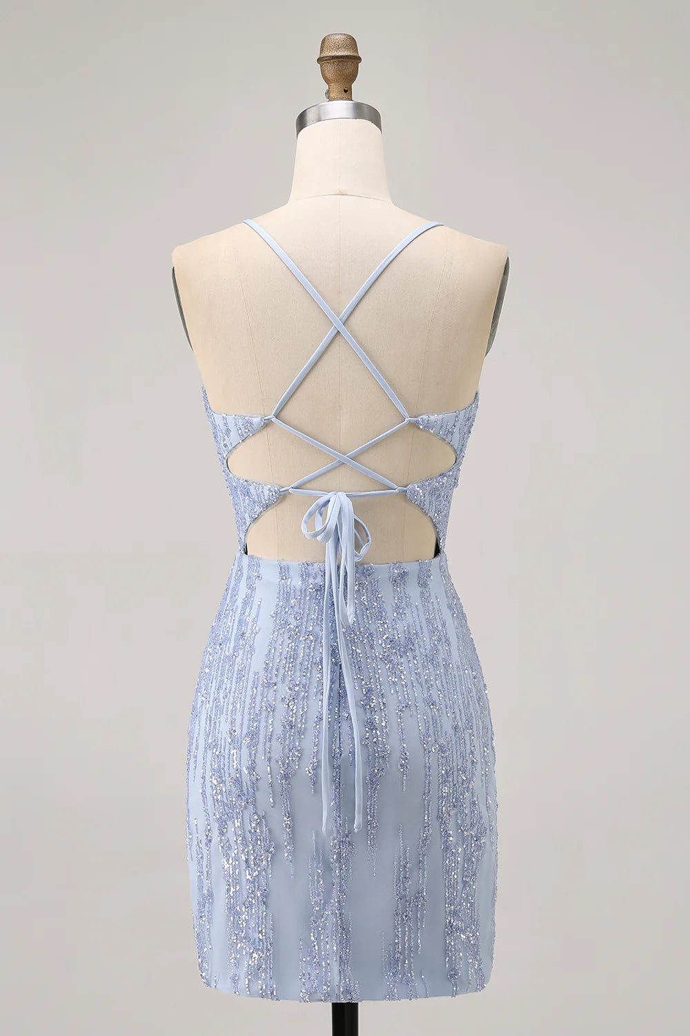 Sparkly Grey Blue Sequins Corset Spaghetti Straps Bodycon Lace-Up Short Homecoming Dress