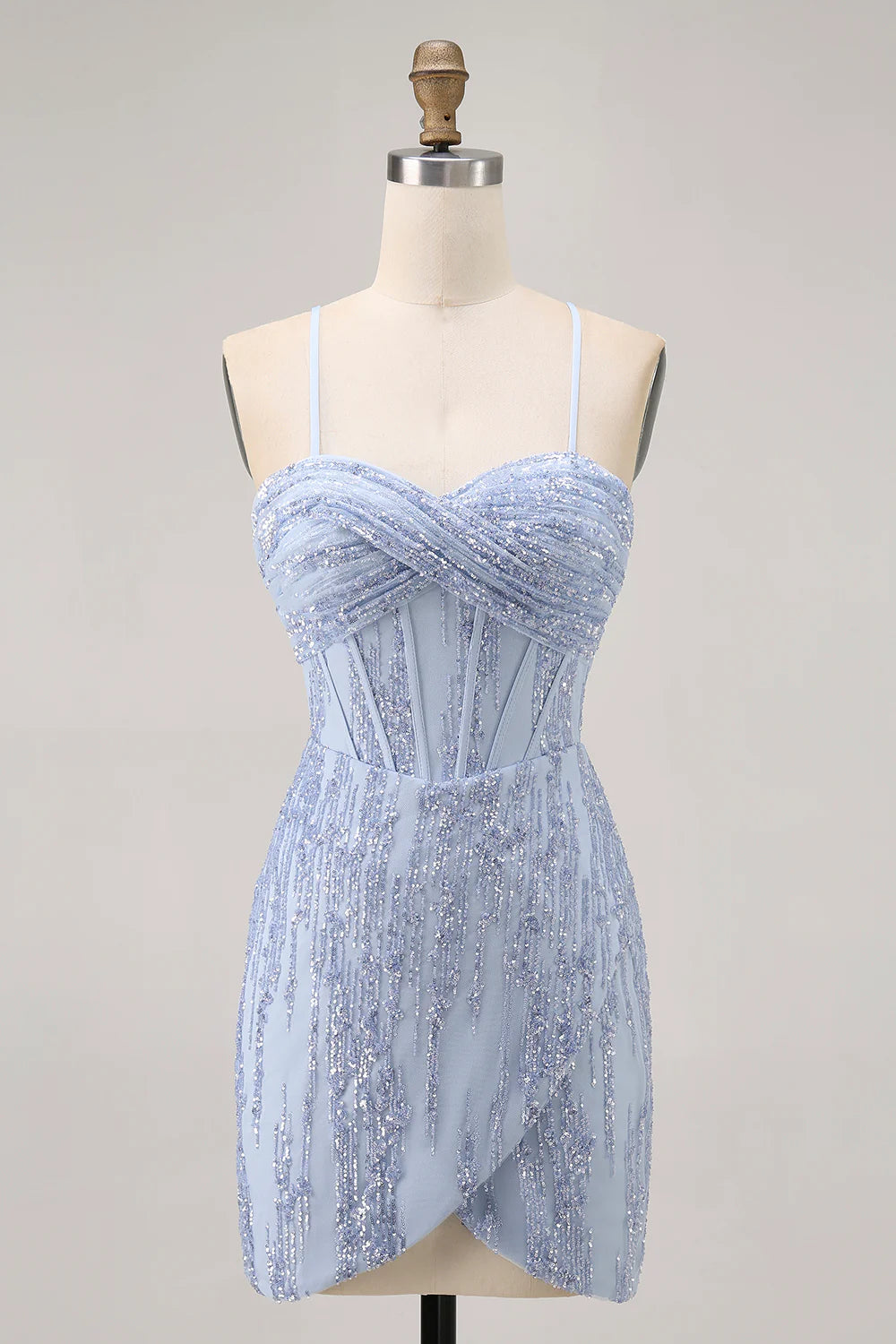 Sparkly Grey Blue Sequins Corset Spaghetti Straps Bodycon Lace-Up Short Homecoming Dress