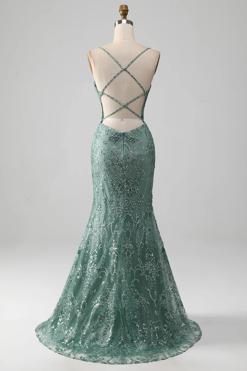 Sparkly Grey Green Sequins Beading Spaghetti Straps Mermaid Long Prom Dress With Split