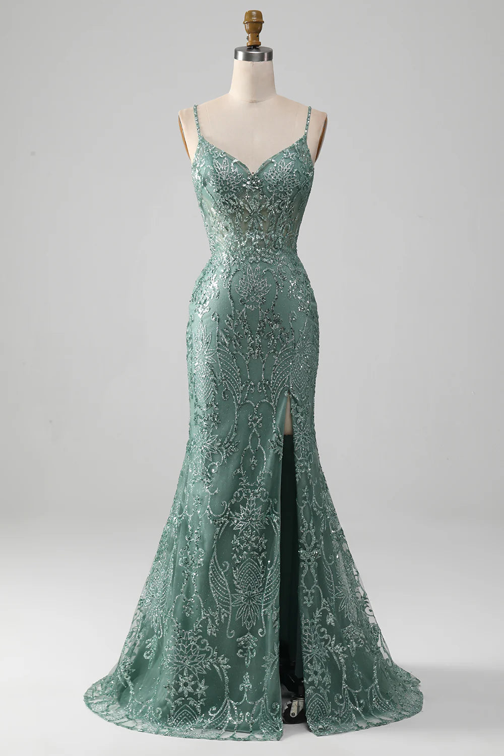 Sparkly Grey Green Sequins Beading Spaghetti Straps Mermaid Long Prom Dress With Split