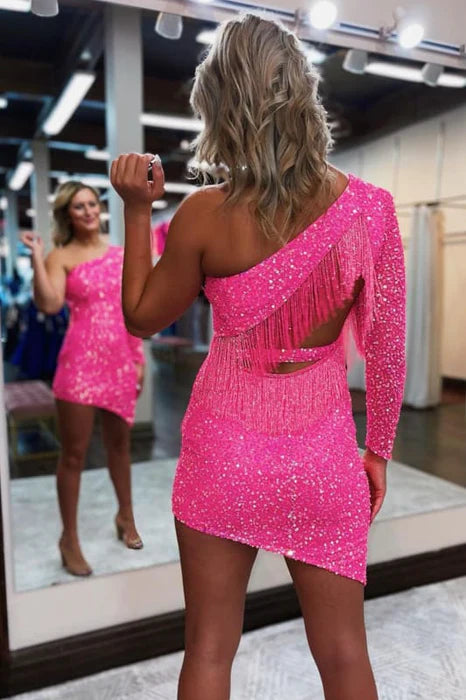 Sparkly Hot Pink One Shoulder Long Sleeves Cut Out Tight Short Homecoming Dress With Fringes