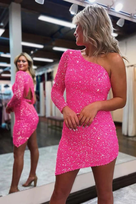 Sparkly Hot Pink One Shoulder Long Sleeves Cut Out Tight Short Homecoming Dress With Fringes