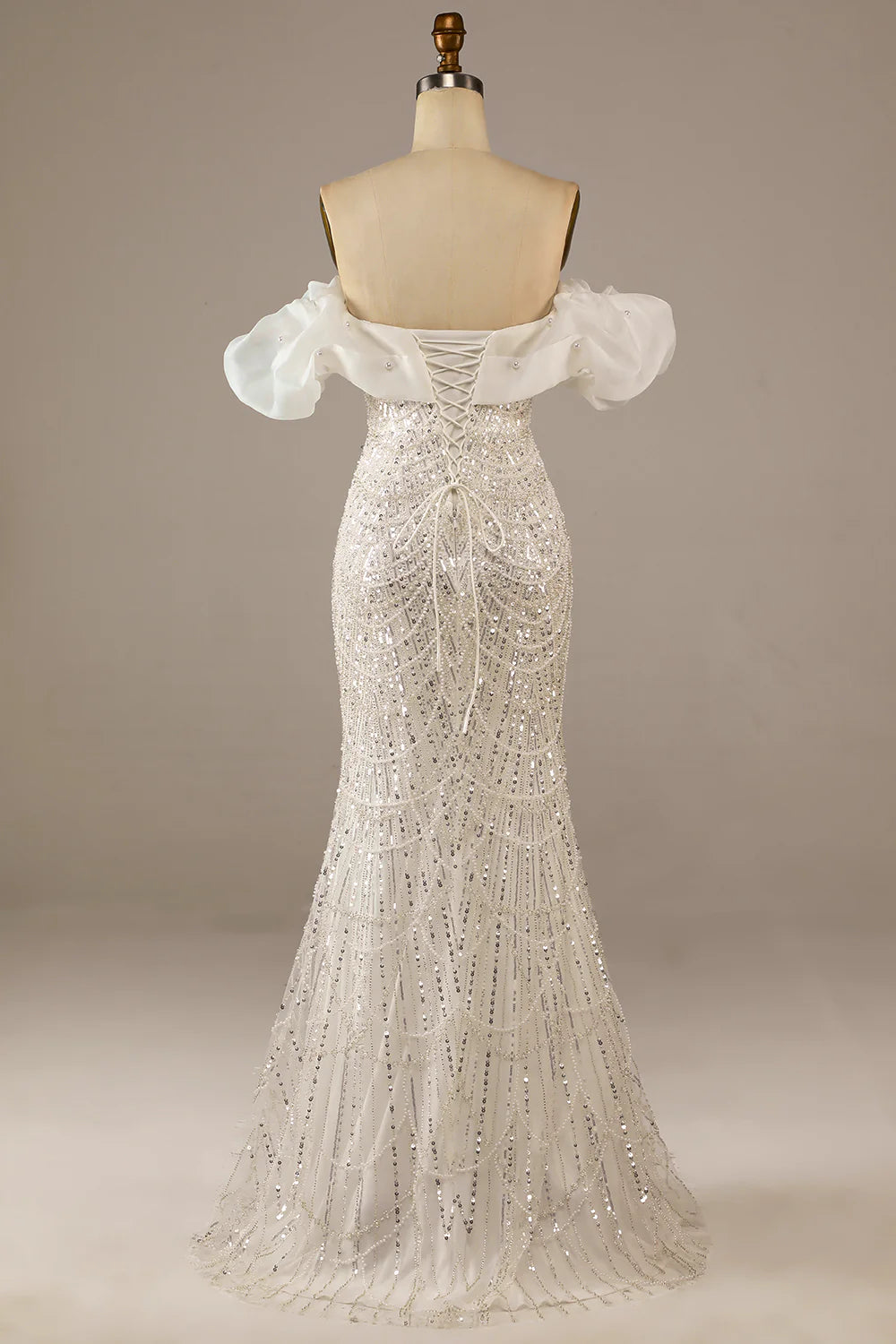 Sparkly Ivory Sequined With Beaded Off shoulder Mermaid Floor-Length Wedding Dress