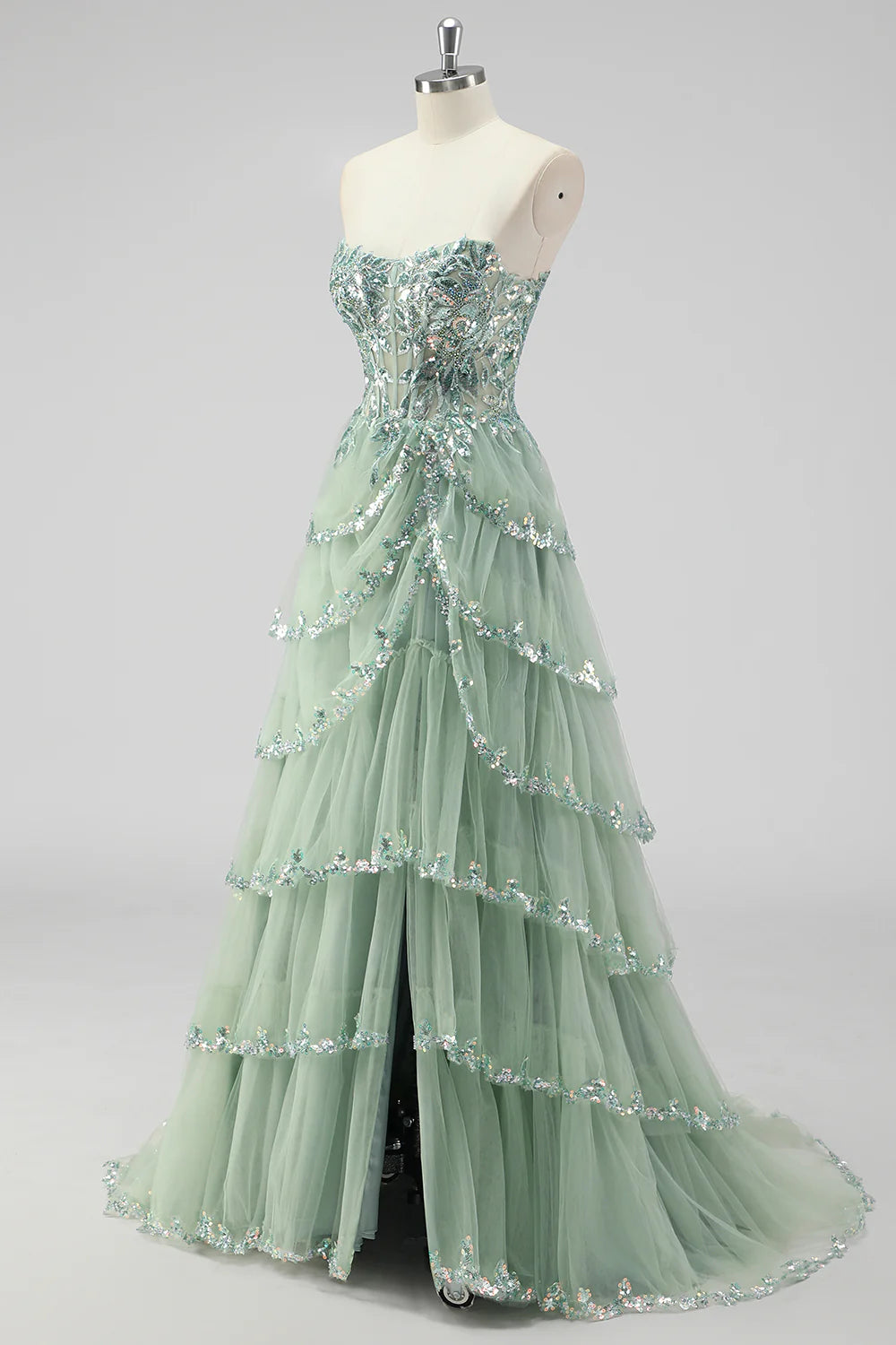 Sparkly Lavender Spaghetti Straps Tiered Sequins Corset A Line Prom Dress With Slit