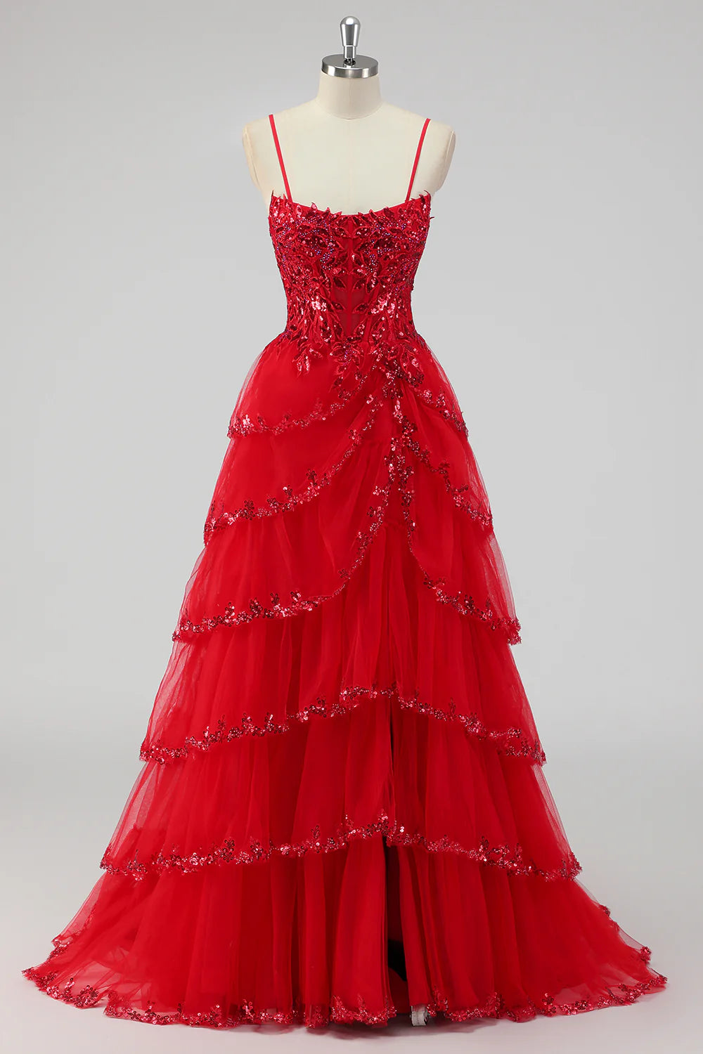 Sparkly Lavender Spaghetti Straps Tiered Sequins Corset A Line Prom Dress With Slit