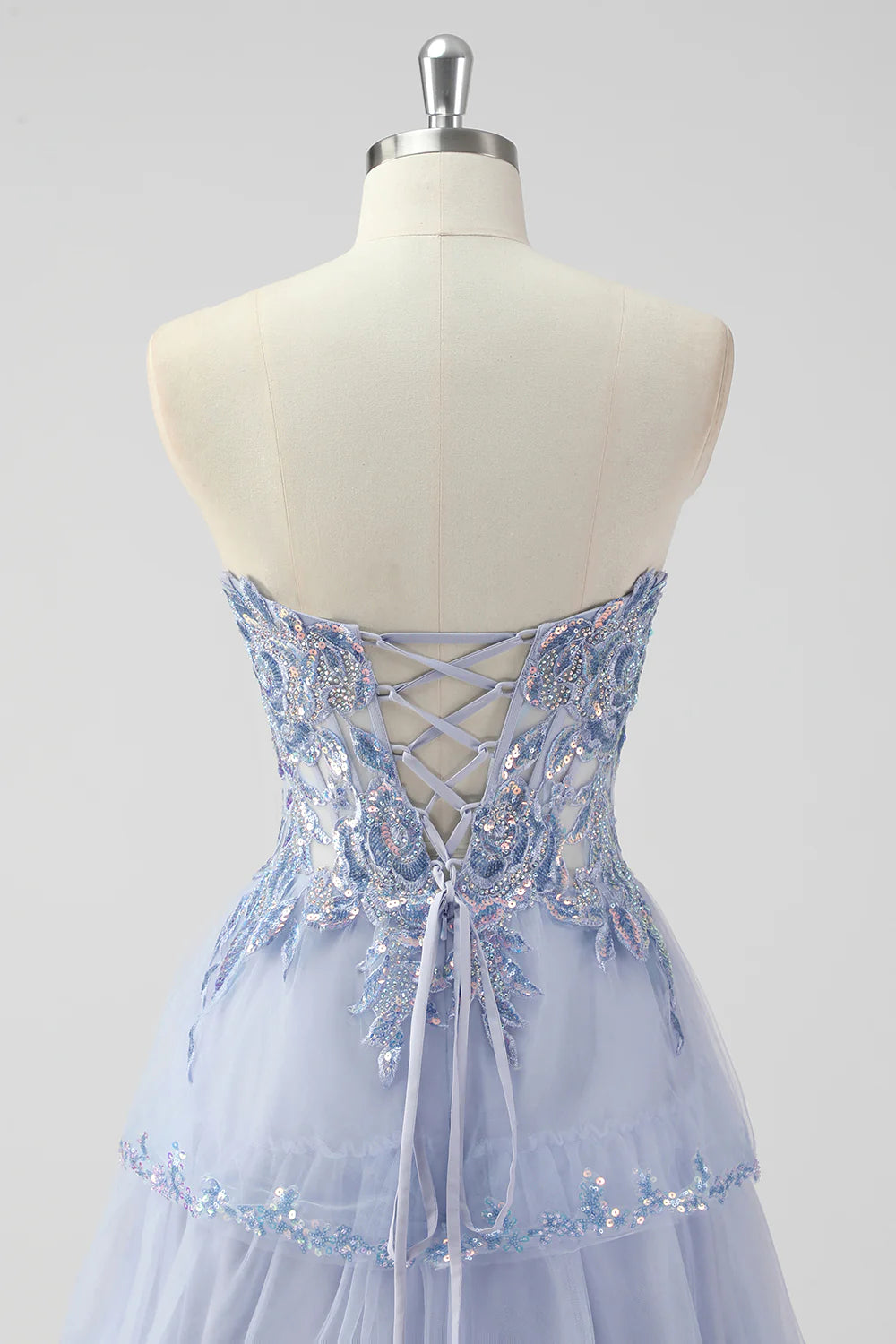 Sparkly Lavender Spaghetti Straps Tiered Sequins Corset A Line Prom Dress With Slit