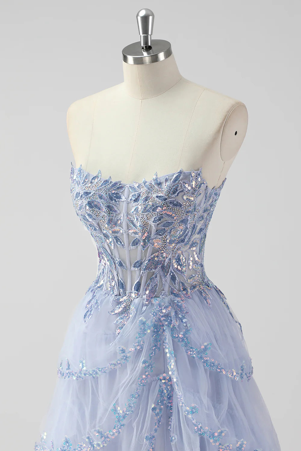 Sparkly Lavender Spaghetti Straps Tiered Sequins Corset A Line Prom Dress With Slit
