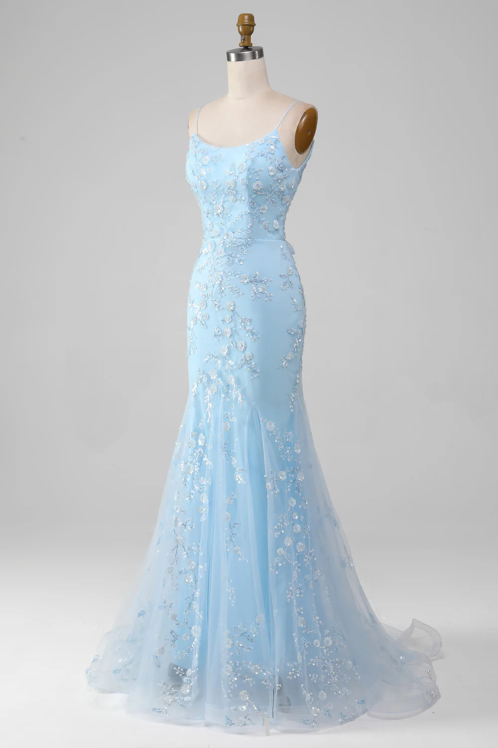 Sparkly Light Blue Sequins With Applique Spaghetti Straps Mermaid Long Prom Dress