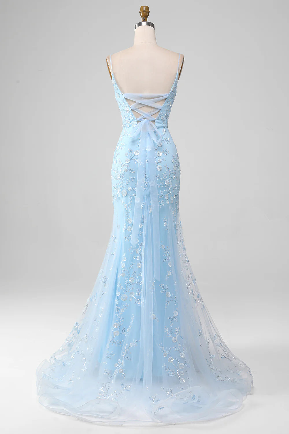 Sparkly Light Blue Sequins With Applique Spaghetti Straps Mermaid Long Prom Dress