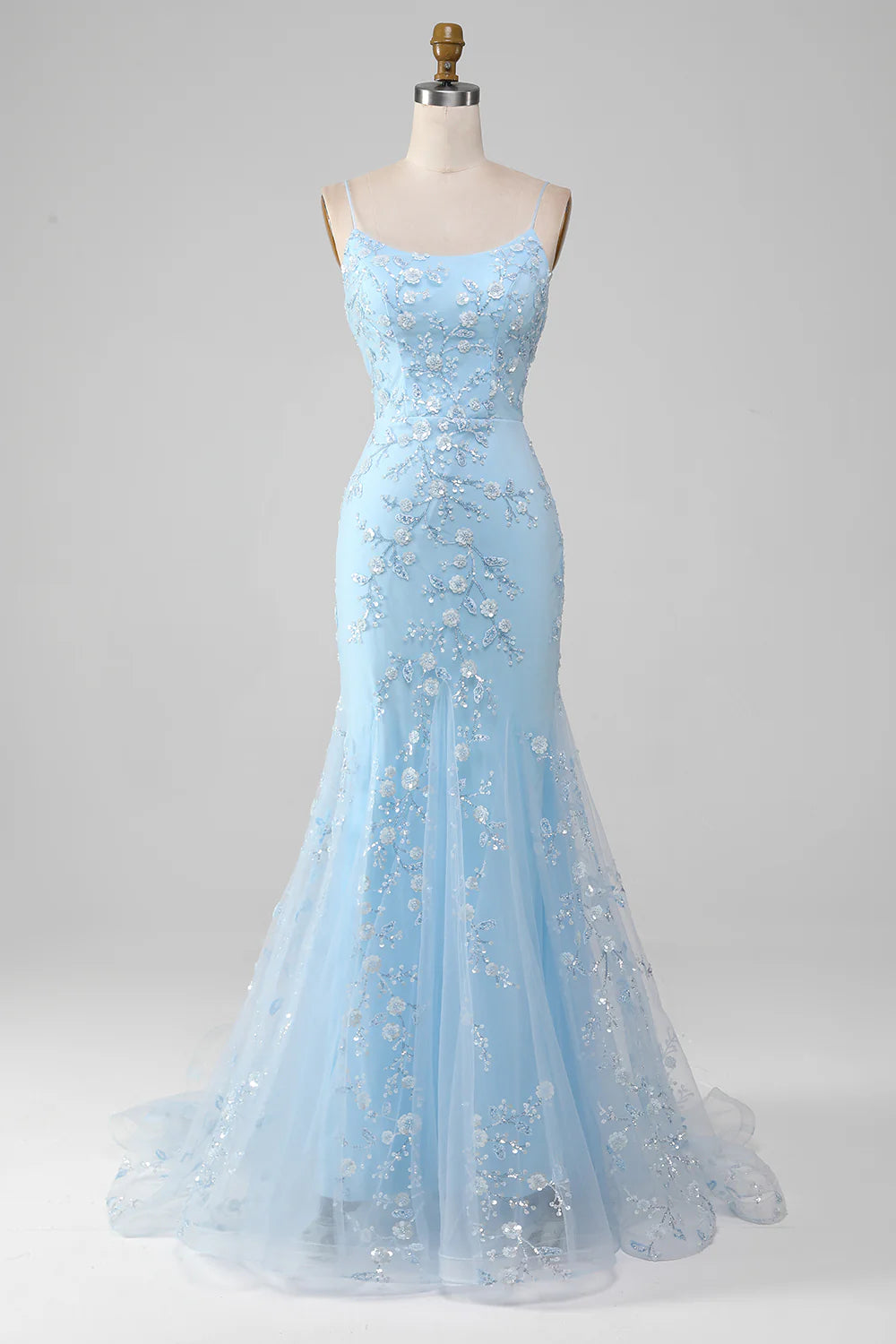 Sparkly Light Blue Sequins With Applique Spaghetti Straps Mermaid Long Prom Dress