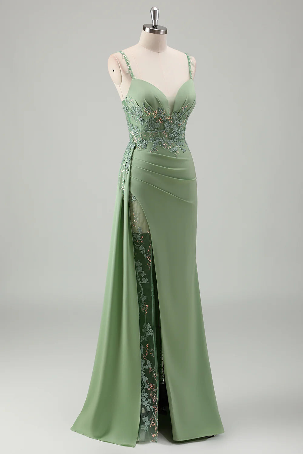 Sparkly Light Green Appliques Pleated Mermaid Spaghetti Straps Long Prom Dress with Slit