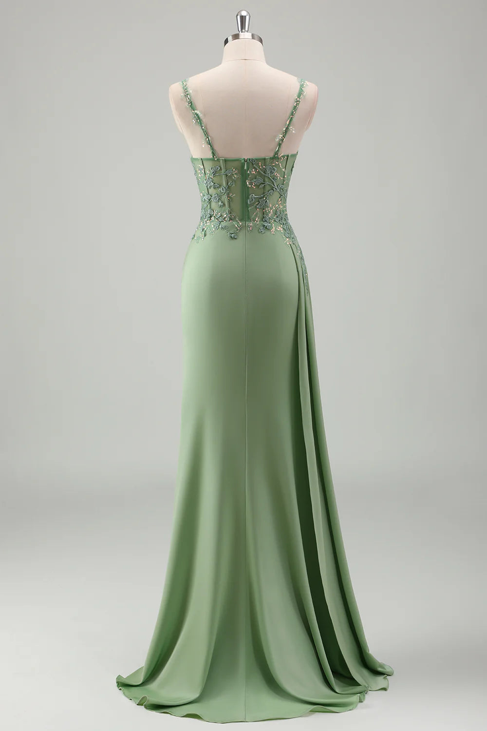 Sparkly Light Green Appliques Pleated Mermaid Spaghetti Straps Long Prom Dress with Slit