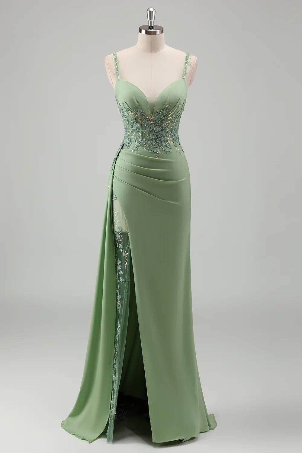 Sparkly Light Green Appliques Pleated Mermaid Spaghetti Straps Long Prom Dress with Slit