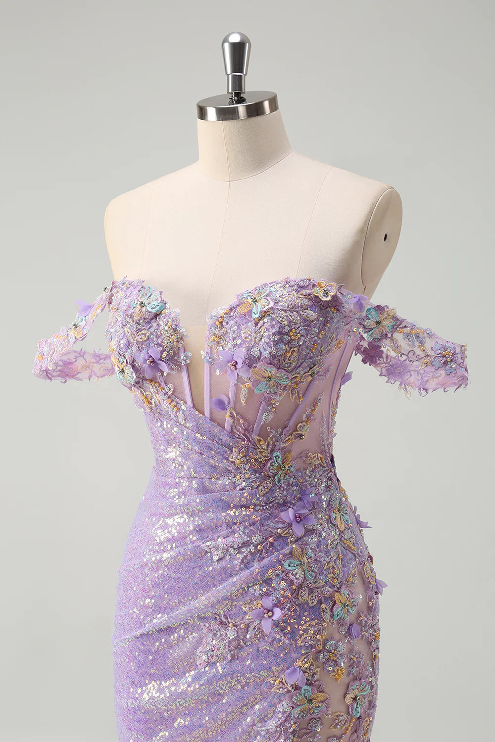 Sparkly Light Purple Sequin With Applique Mermaid Off The Shoulder Prom Dress with Slit