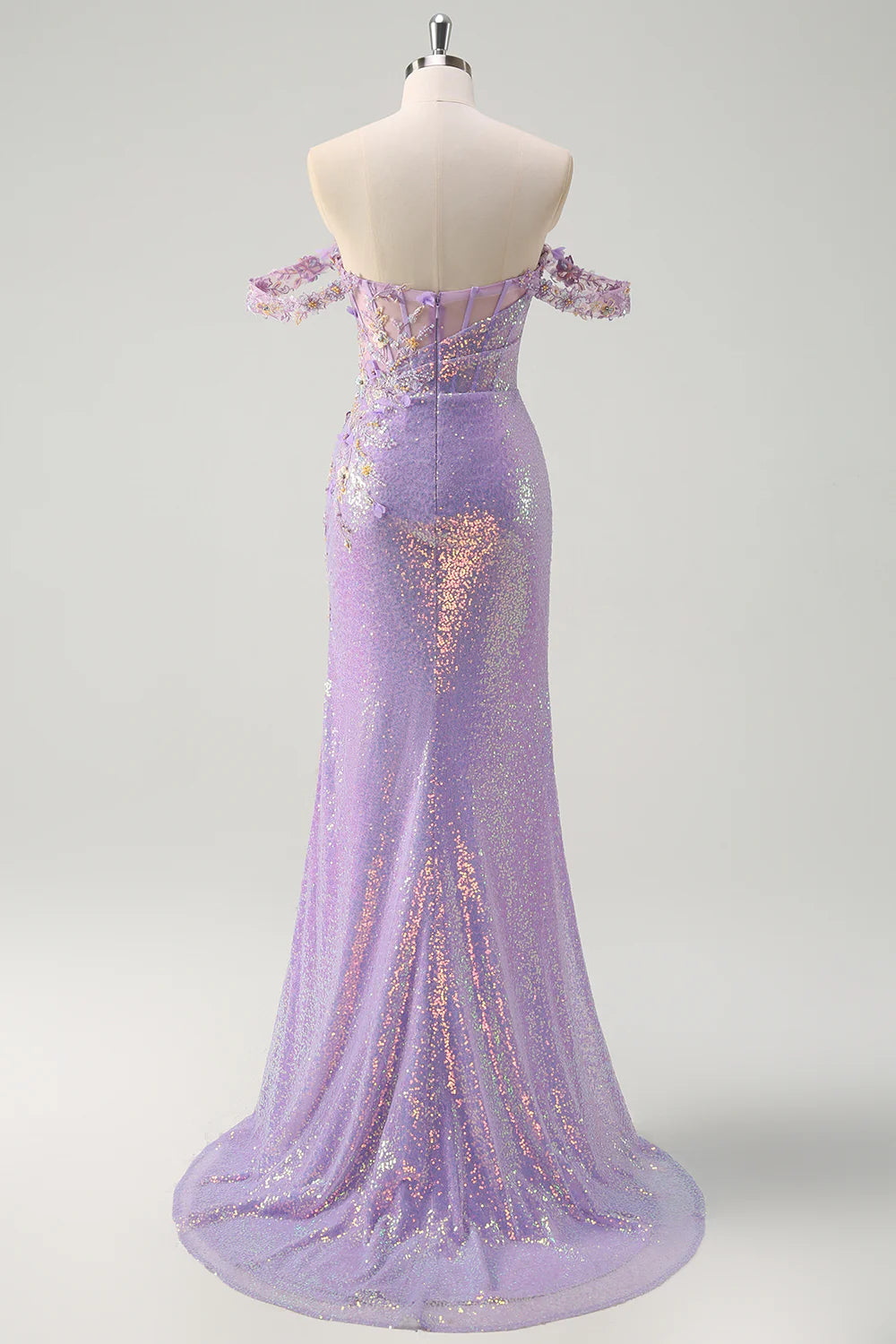 Sparkly Light Purple Sequin With Applique Mermaid Off The Shoulder Prom Dress with Slit