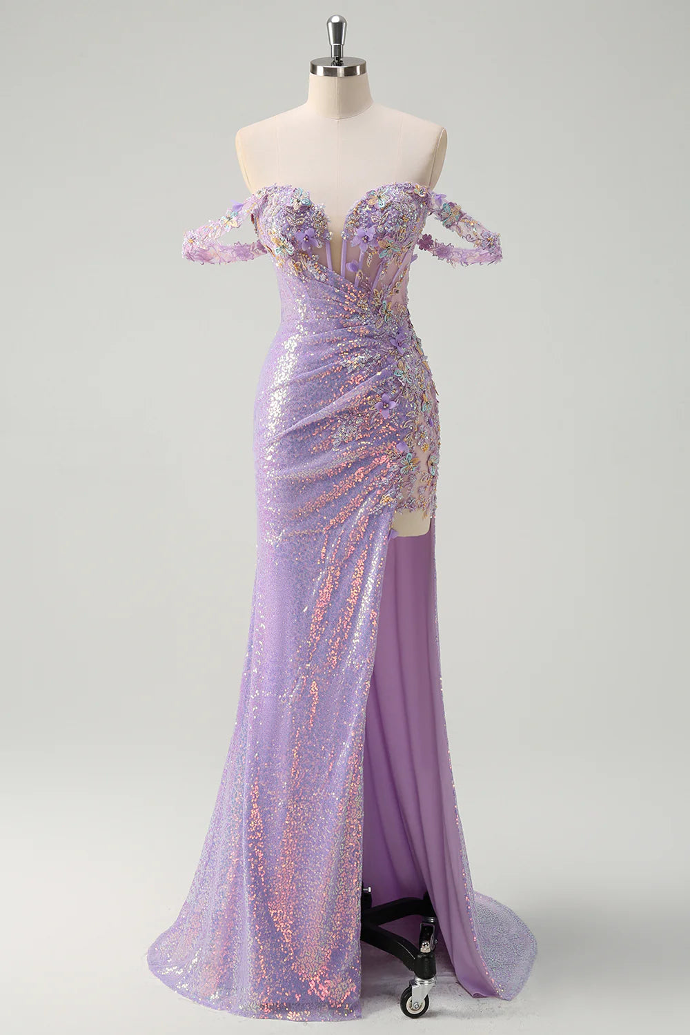 Sparkly Light Purple Sequin With Applique Mermaid Off The Shoulder Prom Dress with Slit