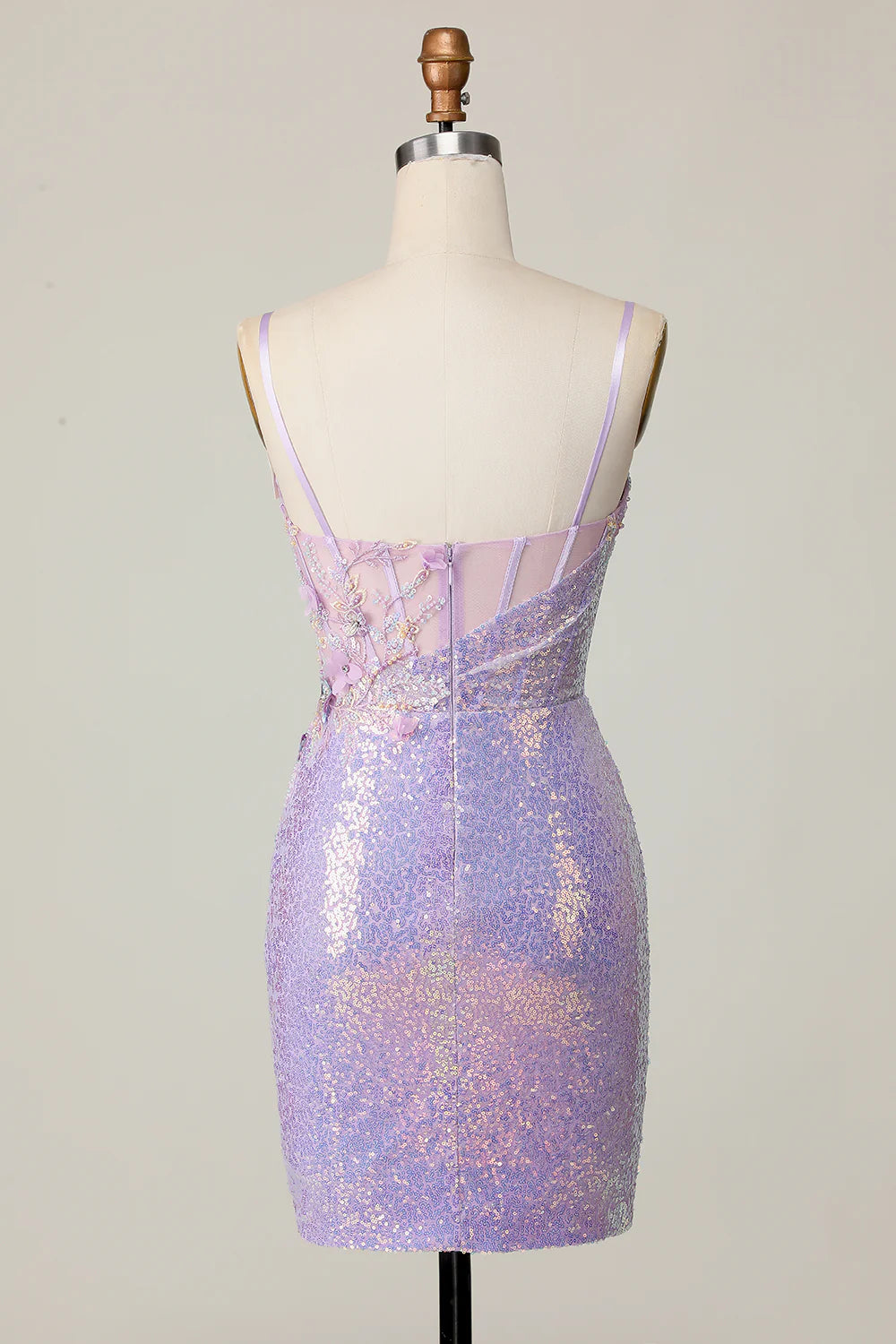 Sparkly Lilac Lace Sequins Beaded Applique Floral Bodycon Corset Homecoming Dress With Slit