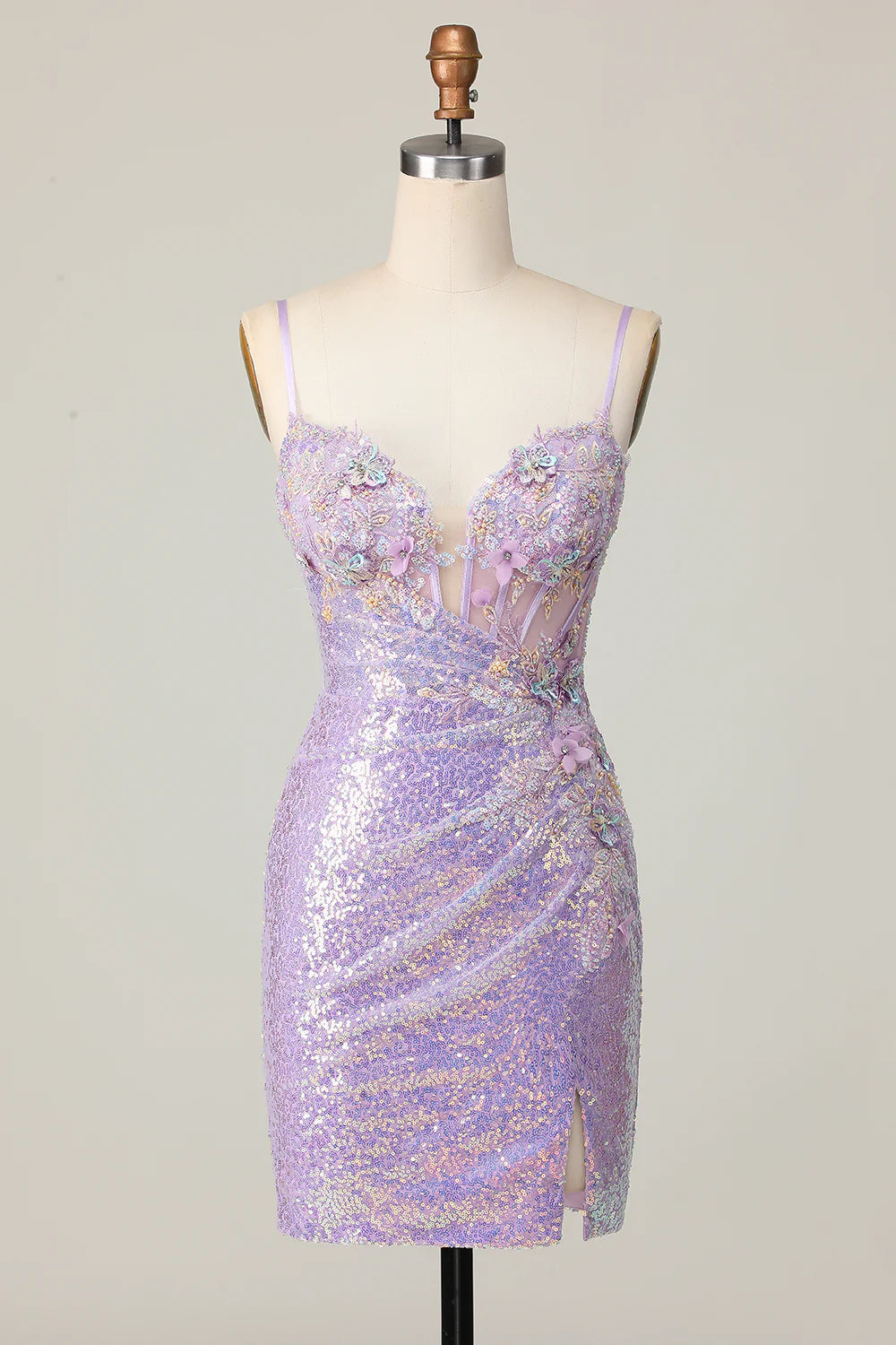 Sparkly Lilac Lace Sequins Beaded Applique Floral Bodycon Corset Homecoming Dress With Slit