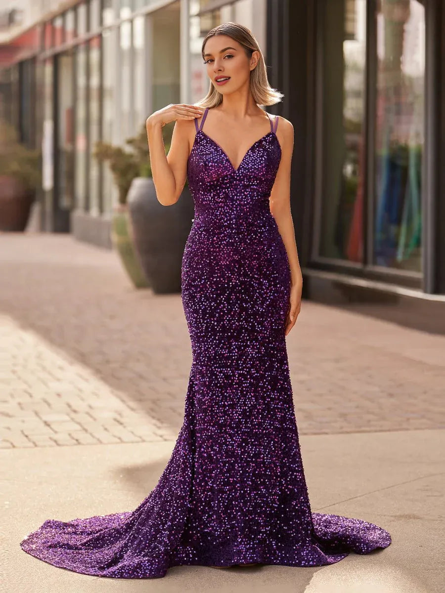 Sparkly Mermaid Double Straps Sequins Backless Blue Long Evening Dress