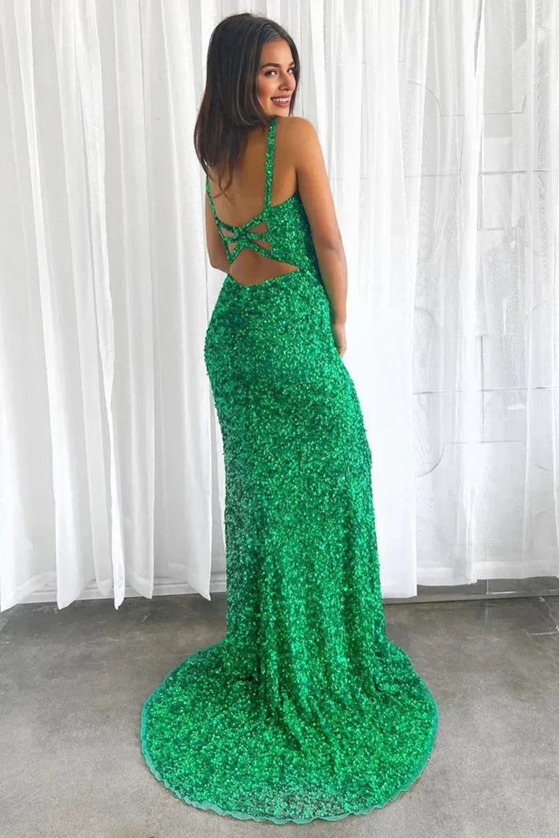 Sparkly Mermaid V Neck Sequin Green Long Evening Dress With Slit