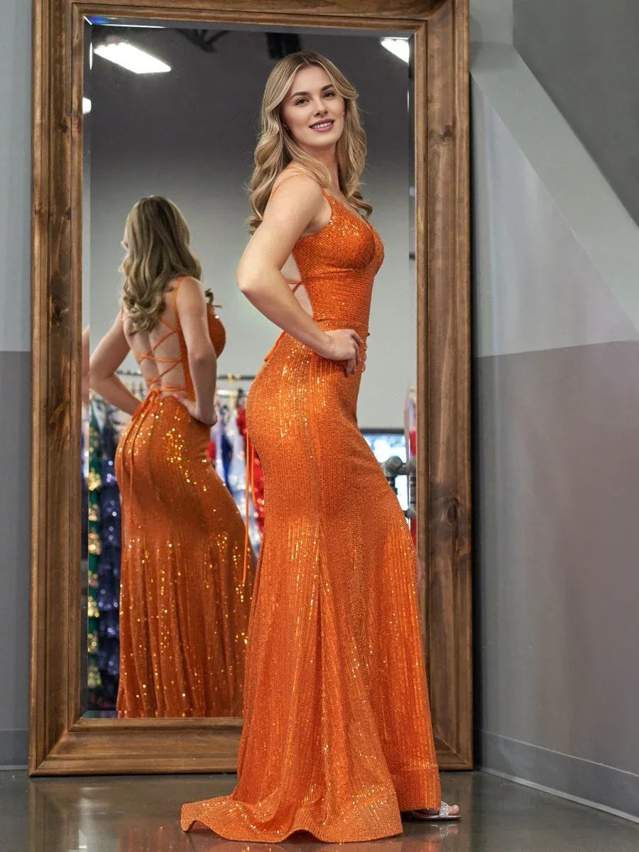 Sparkly Mermaid V Neck Sequins Orange Long Prom Dress With Slit