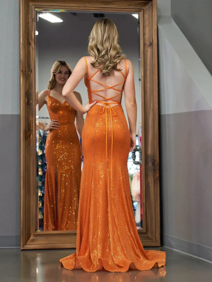 Sparkly Mermaid V Neck Sequins Orange Long Prom Dress With Slit