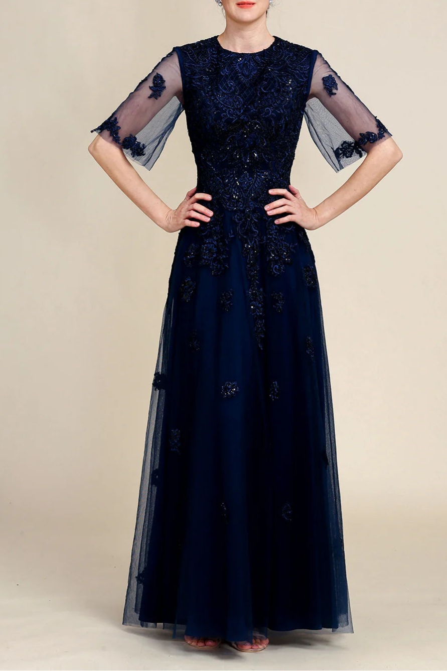 Sparkly Navy Lace Beaded Round Neck Short Sleeve Long Mother of the Bride Dress
