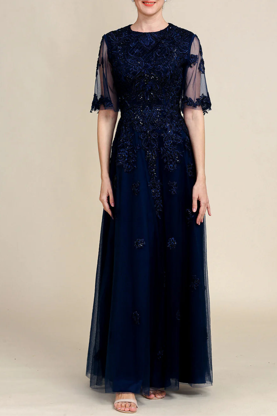 Sparkly Navy Lace Beaded Round Neck Short Sleeve Long Mother of the Bride Dress