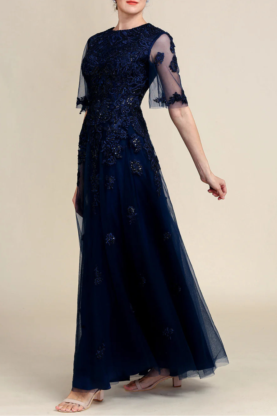 Sparkly Navy Lace Beaded Round Neck Short Sleeve Long Mother of the Bride Dress